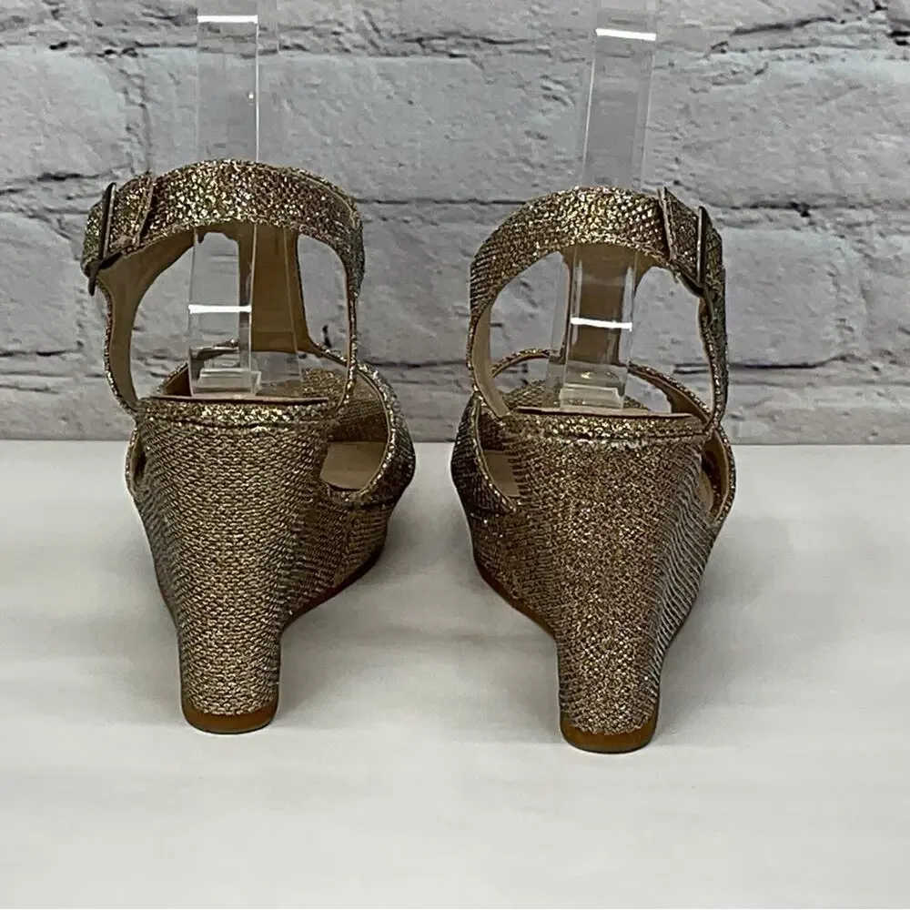 Rampage Sandals Women's Size 7 Rose Gold Glitter T-Strap Wedge Platform Vacation